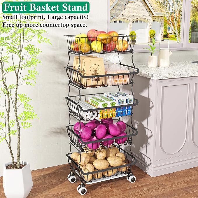 OKZEST 5 Tier Fruit Basket for Kitchen, Stackable Bins Wire Rack with Wheels, Fruit and Vegetable Storage Basket Pantry Food Snack Organizer Shelf, Kitchen Storage Cart for Onion and Potato, Produce | Kitchen pantry organizer rack with dirt catch tray,...
