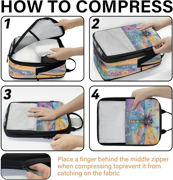 Dragonfly 6 Set Compression Packing Cubes Animals Expandable Packing Organizer for Travel Accessories Luggage Suitcase Bag