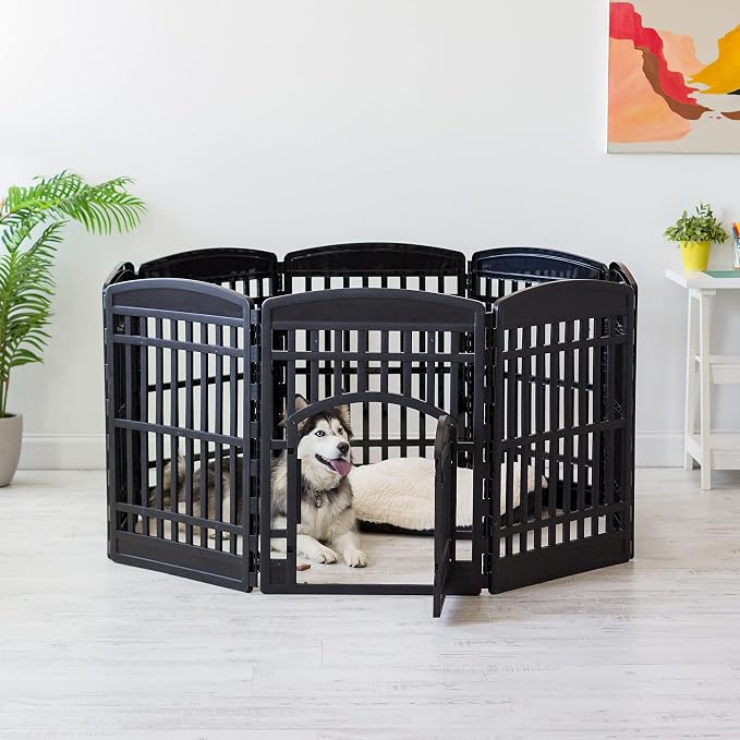 IRIS USA 8-Panel Dog Playpen, Pet Enclosure, Black | Pet Containment, Multi-Shape Setup, Flexible Boundary, Custom Pen Configuration, Tool-Free Assembly, Secure Door Latch