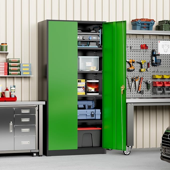 Greenvelly Metal Storage Cabinet with Doors and Shelves, 72" Inch Locking Metal Cabinet,Garage Storage Cabinet for Garage Office School Warehouse (Black Green)