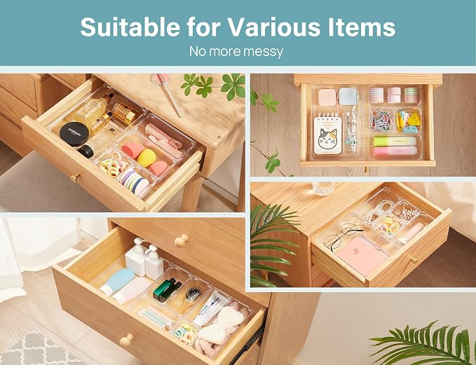 Kootek 28Pcs Drawer Organizer Set, 4-Size Bathroom Tray Makeup Desk Divider | Clear Plastic, Multi-Use Individual Storage Organizers, Customize layouts, Easy to Clean, for Bathroom Office Dresser Bedroom