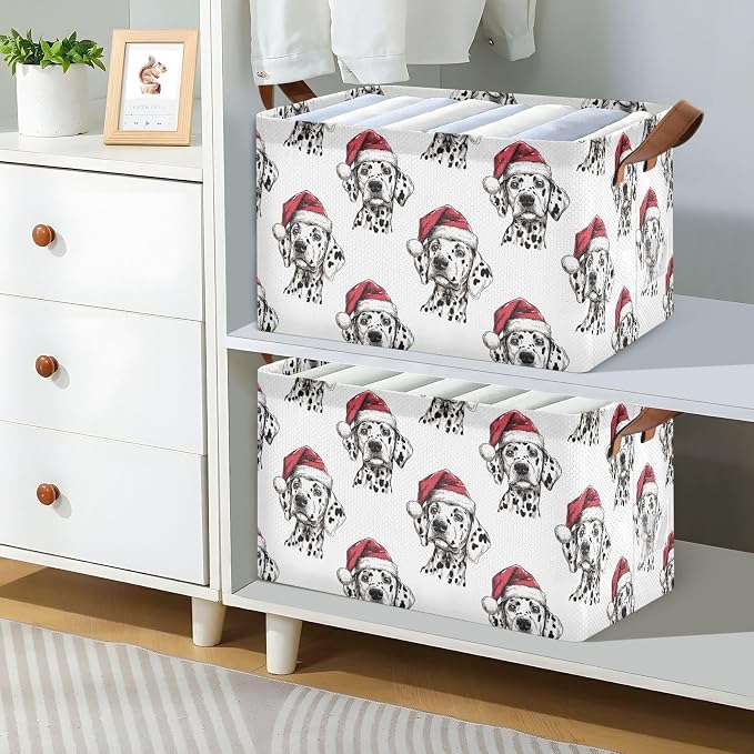 Cute Christmas Dalmatian Dog Storage Basket Foldable Cube Storage Bins with Handles&Label Waterproof Collapsible Organizer Box Bin Large Rectangle Decorative Baskets for Shelves Home Room Laundry