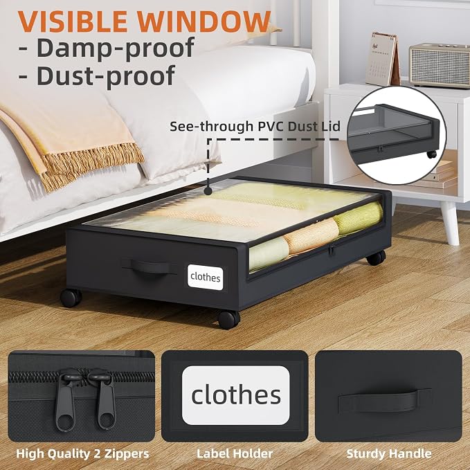 Somdot Under Bed Storage with Wheels, 2 Pack Under Bed Storage Containers | Underbed Shoe Storage Organizer with Clear Lids, Rolling Under The Bed Storage for Clothes, Blankets, Toys, Black