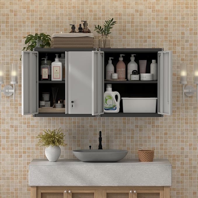 Locking Metal Wall Cabinet, 28" Metal Storage Cabinets with Doors and Shelf, Steel Garage Locker Mounted Small Tool Chest for Home Office, Kitchen, Pantry
