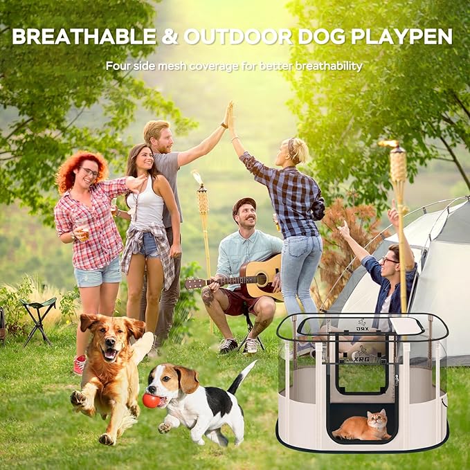 XRG Foldable Dog Playpen with pad，Indoor Cat Kennel L(35.4"x27.6"x23.6") | Portable Dog Crates with Upgrade Breathable Mesh，Sturdy Cat cage Indoor & Outdoor for Rabbit or Small Animals,Beige