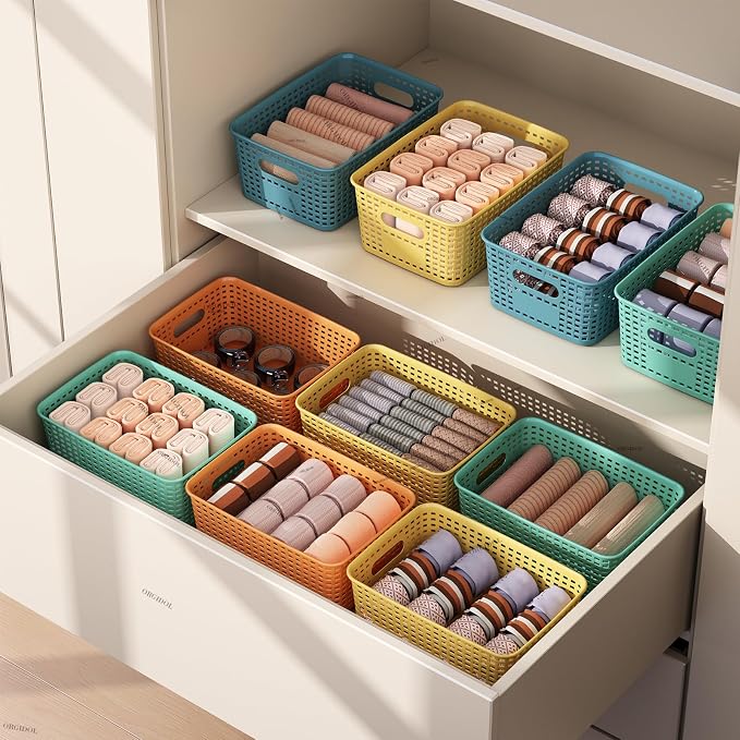ORGIDOL Plastic Storage Basket with Lids 12 Pack Stackable Colorful Storage Bins Containers with Lid, Decorative Storage Boxes for Organizing Shelves, Drawers, Playroom, Classroom, Office, Closet