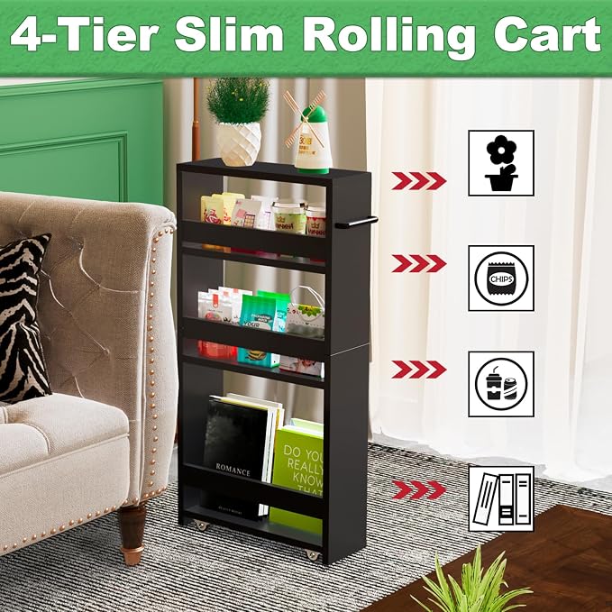 MARTY Slim Rolling Storage Cart, Wood Utility Kitchen Bathroom Laundry Cart | 4 Tier Kitchen Cart with Wheels Handle, Laundry Room Organization, Narrow Bathroom Storage Cabinet, 5.5" Wide Storage Trolley