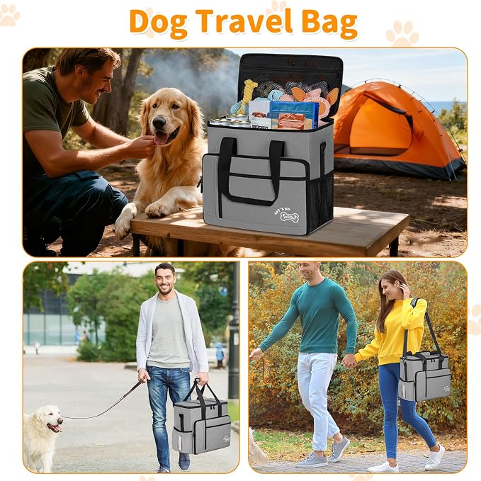 TORIBIO Large Dog Travel Bag for Supplies with Food Bowl | With 2 Food Container and Collapsible Bowls, Mat & Divider, Water-resistant, Pet Travel Kit for Weekend, Road Trips, Camping
