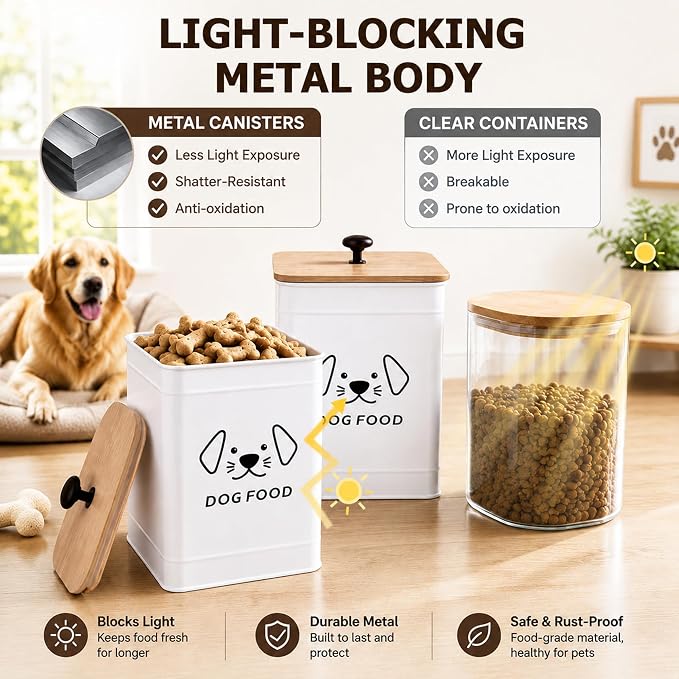Dog Food Storage Container 25 Cups Airtight Metal Canister with Bamboo Lid | 5-7 lb Capacity, Pet-proof Lid Design, Durable Metal Body, Square Wide Opening, Pet Food Canister Dog Cookie Jar, White
