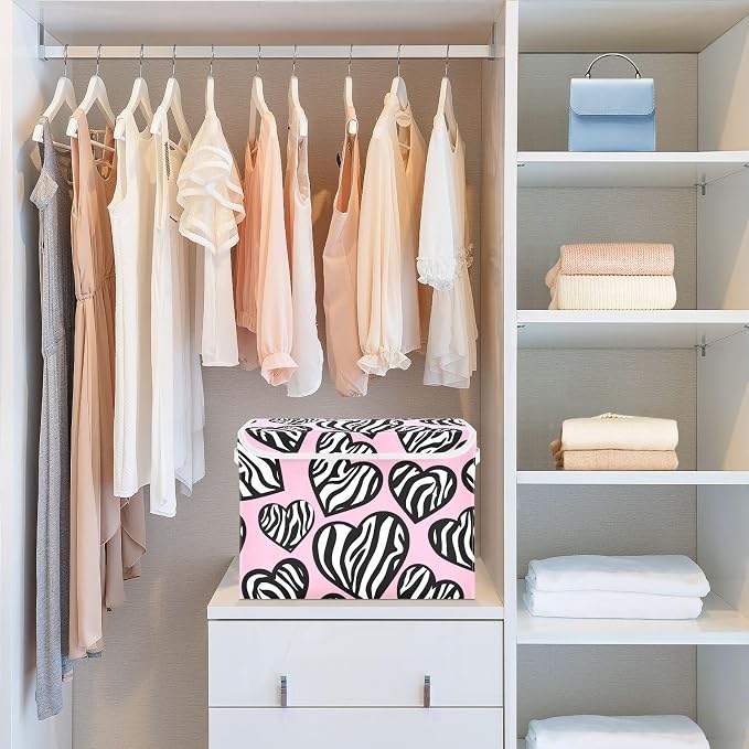 Zebra Heart Pink Storage Bins with Lids Closet Bedroom 40L Storage Basket | Decorative Storage Boxes, Foldable & Stackable, Dust-Proof Flip Top, Reinforced Handles, For Home & Dorm, Clothes & Toy Box