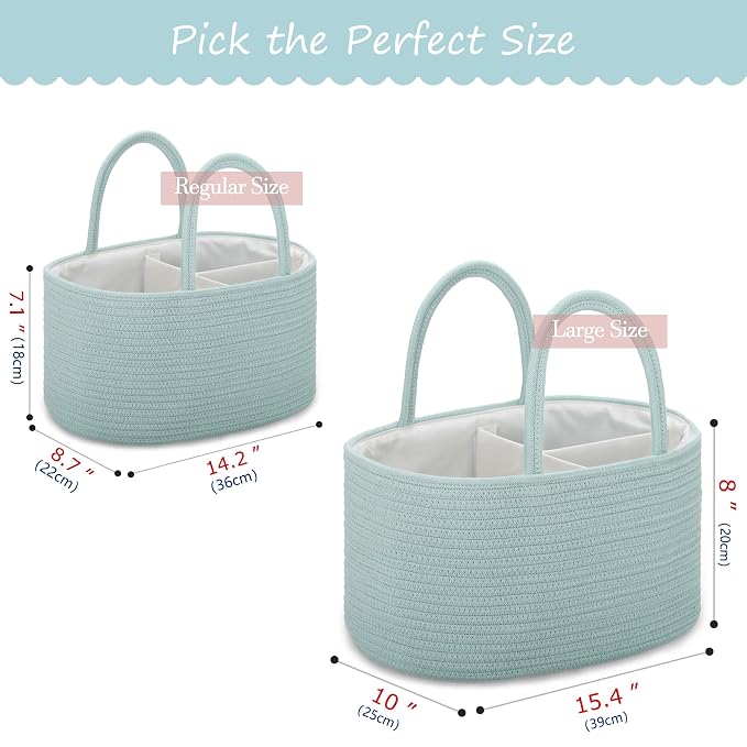 COMSE Baby Diaper Caddy Organizer with Handles, Cotton Rope, Light Green