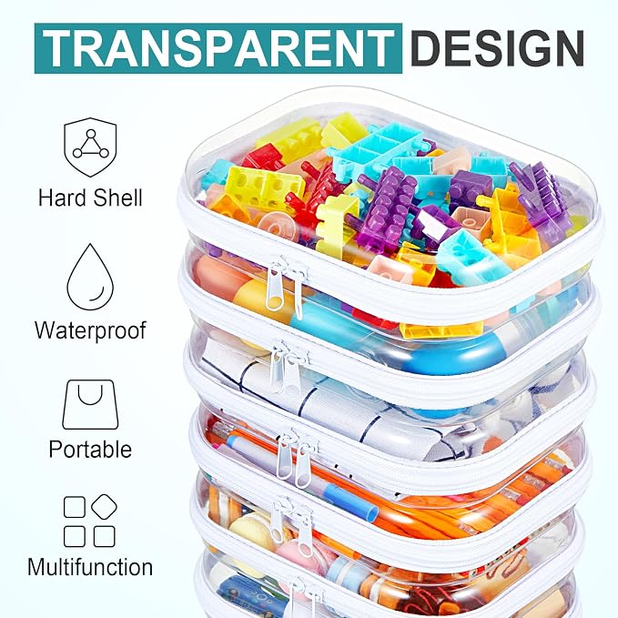 20 Pcs Clear Hard Zipper Case Bulk Hard Shell Plastic Pouch Transparent Double Zippers Toy Storage Organizer Bins for Building Blocks, Puzzles, Cosmetics(7.87 x 5.9 x 2 Inch)
