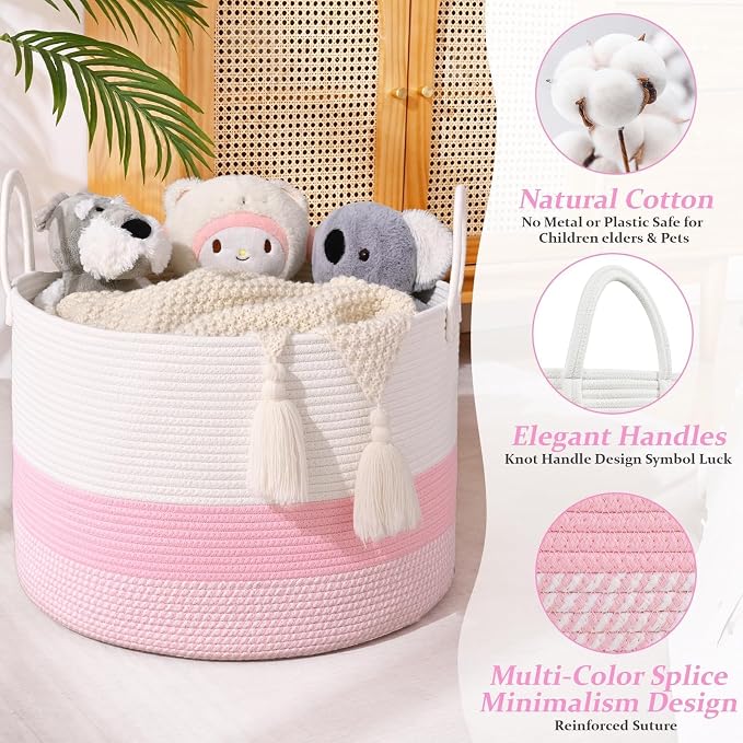 67L Large Woven Blanket Basket, Cotton Rope Baby Laundry Hamper with Handles, Kids Toy Basket for Classroom & Nursery, Soft Round Stuffed Animal Storage, Dog Toy Bin - 20"x13", Light Pink