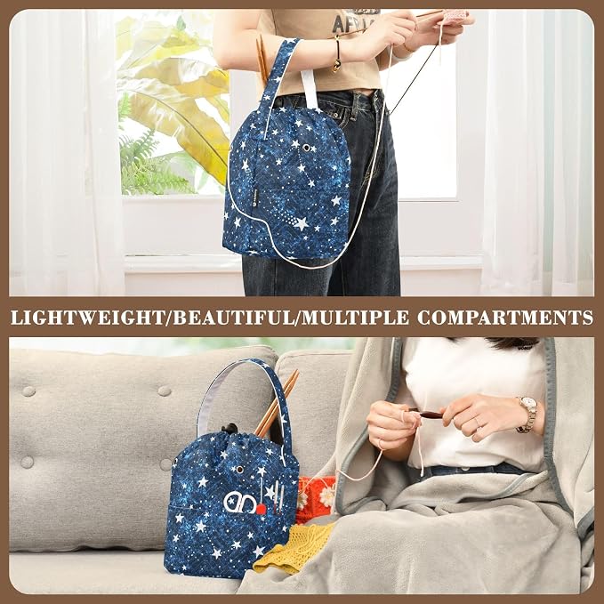 Tatenale Crochet Bag Yarn Bag Knitting Project Bag with Pockets and Handle Portable Yarn Storage Organizer Tangle Free 8.3x11 InchDark Blue Star33