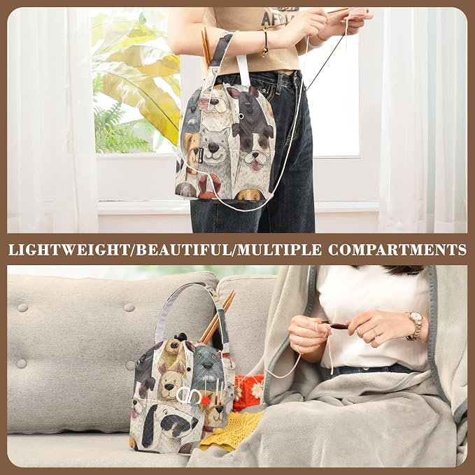 Tatenale Crochet Bag Yarn Bag Knitting Project Bag with Pockets and Handle Portable Yarn Storage Organizer Tangle Free 8.3x11 InchWhimsical Pet Dogs01