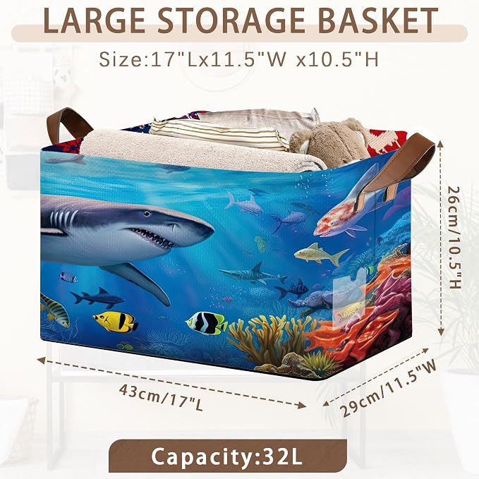 Shark Pattern Storage Basket Large 17x11.5x10.5 Inches -Collapsible Fabric Organizer Bin with Handles for Kids Room, Underwater Theme, Boys Room-Decorative Hamper with Marine Life Graphics-Single Pack
