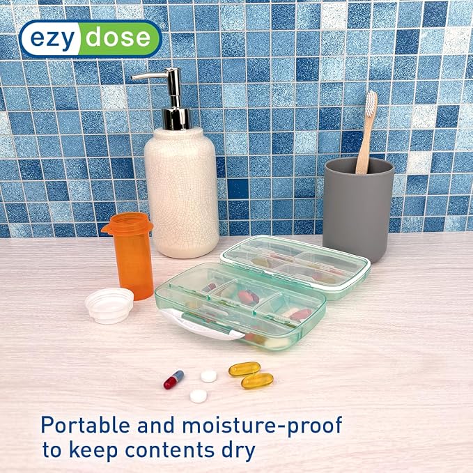 Ezy Dose Moisture-Proof Travel Pill Case, 8 Compartments, Green, Large | Moisture-Proof Pill Case, Medicine Planner, Vitamin Organizer Box, Travel-Friendly, Latch-Closure to Secure Contents