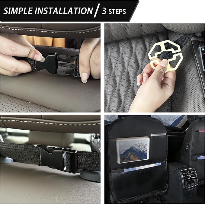 Kick Mat Back Seat Protector， Waterproof Leather Car Seat Back Organizers Cover with 3 Storage Pockets for Kids Pets SUV Sedan Minivan Truck Car Travel Accessories (Black 2-pack)