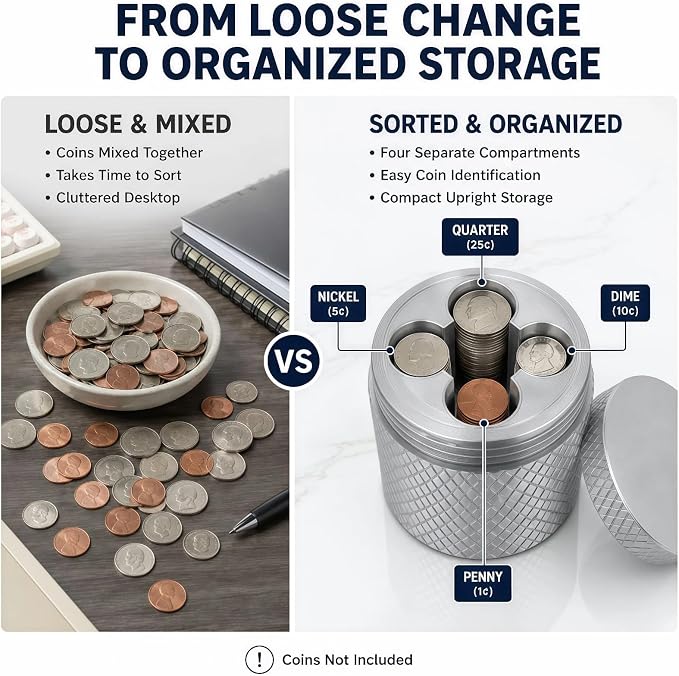 Precision USD Coin Holder and Change Organizer for Car & Desk – Sleek Metallic Silver Storage Dispenser for Quarters, Nickels, Dimes, and Pennies, Compact Travel EDC Hardware