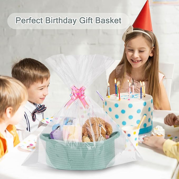 COMSE Empty Small Gift Basket with Bag & Ribbons, Light Green | Cotton Rope, 12"x 8"x 5", Baby Toy Organizer, Stores Small Items for Bedrooms, Nurseries, Bathrooms, Living Rooms, Offices