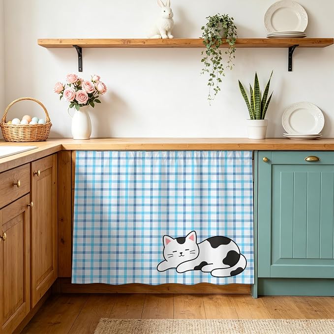 Cute Cat Oven Skirt Curtain for Kitchen Decor 28"x35", Blue Purple Checked Modern Pet Cats Rustic Self Adhesive Stove Curtains Skirt Cabinet Curtains for Bathroom Laundry Room