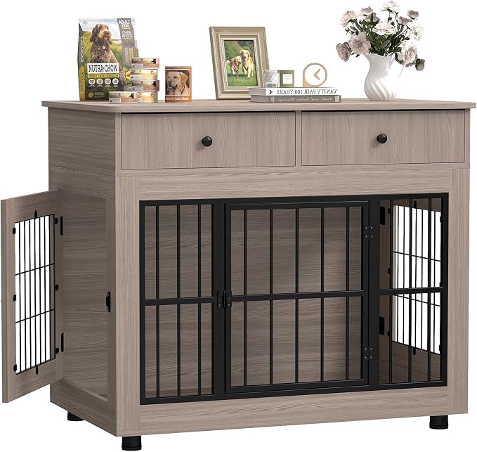 Dog Crate Furniture-Farmhouse Dog Kennel with Drawers, 40 Inch | Heavy Duty End Table, Wooden Decorative Pet Crate, Furniture Crate Dog iIndoor for Small Medium Large Dog, Oak Grey