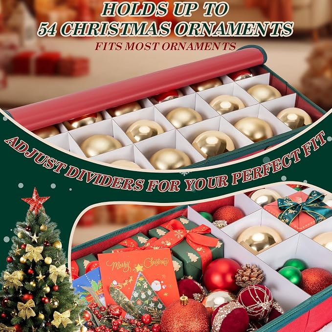 Christmas Ornament Storage Box with Adjustable Dividers Zippered Top Stores up to 54 Holiday Ornaments (4 Inch) Xmas Ball Decorations Organizer Storage Container Bin