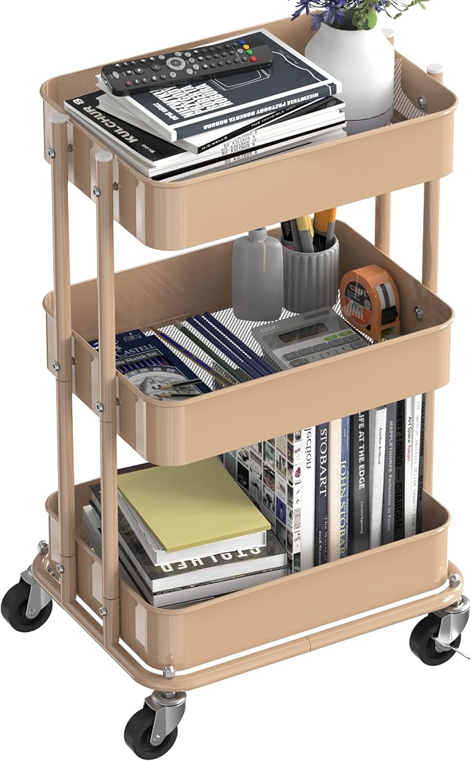 Simple Houseware 3-Tier Utility Cart, Low 24" Height Fits Under Desk, Khaki | Compact & Lower Height Great for Under-Desk Space-Saving Storage for Home Office, Dining Room, or Kitchen