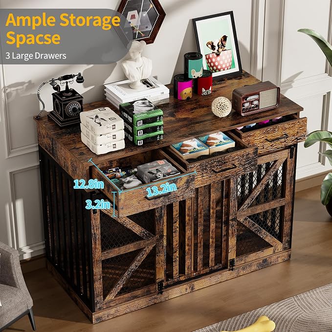Spacesea Large Dog Crate Furniture with Sliding Barn Door, 48" Wooden Dog Kennel Indoor End Side Table for Home Decor, Removable Divider, 3 Drawers, Furniture Style Dog Crate TV Stand