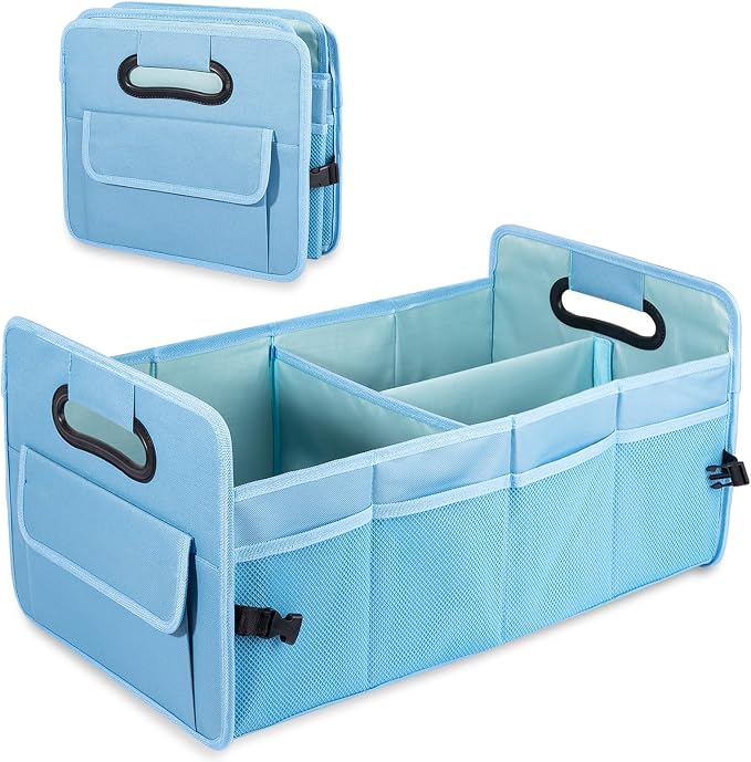 Car Trunk Organizer, Collapsible Car Organizers Storage Large Light Blue | Sturdy, Strong Capacity, Clean Decor, Multi Compartment Container Box, Adjustable Car Accessories for SUV Sedan Truck