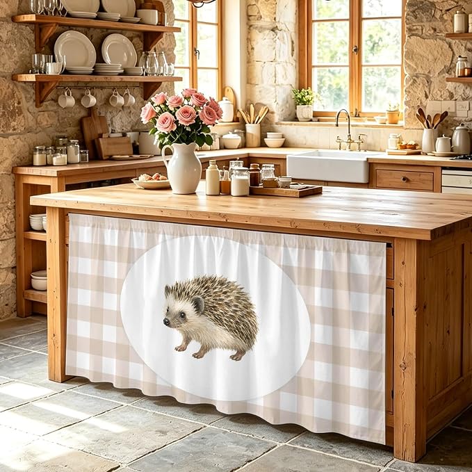 Hedgehog Sink Skirt for Bathroom, Self-Adhesive Under Sink Curtain, Modern Farmhouse Linen Checked Animal Hide Pipes & Storage Fabric Cabinet Skirt Cover for Kitchen Laundry 32"x55"