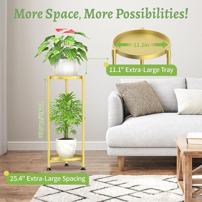 KMOTASUO 2 Tier Metal Plant Stand Tall for Indoor Outdoor Corner, Gold | Heavy Duty Flower Holder Rack, Modern Vertical Iron Shelf for Patio Bathroom Office Garden