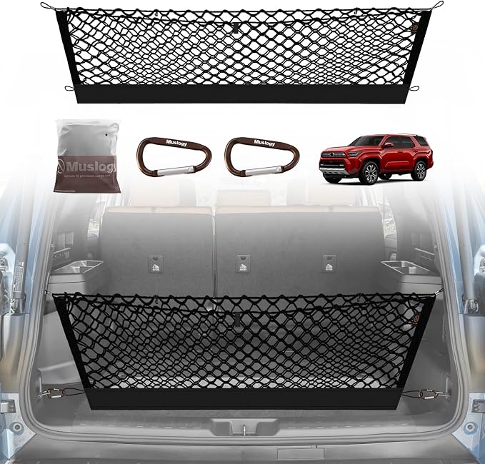 Muslogy Cargo Net for 2025 2026 Toyota 4Runner Accessories | Custom Fit, Trunk Storage Organizer Net for SUV Sedan Van Divider, with Heavy Duty Carabiners, Night Visible Grab Handle