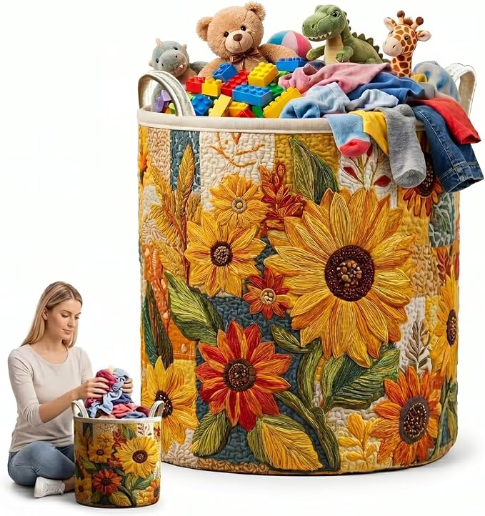 Rustic Sunflower Laundry Hamper Large Fabric Clothes Basket Autumn Floral Toy Storage Organizer Decorative Quilted Hamper for Bedroom(16" x 22")