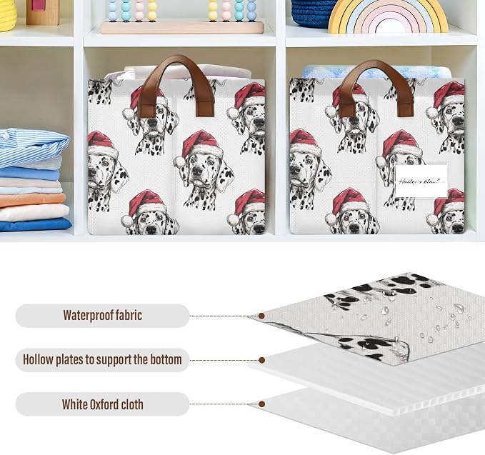 Cute Christmas Dalmatian Dog Storage Basket Foldable Cube Storage Bins with Handles&Label Waterproof Organizer Box Bin Large Rectangle Decorative Baskets for Shelves Home Room Laundry, 2 Pack
