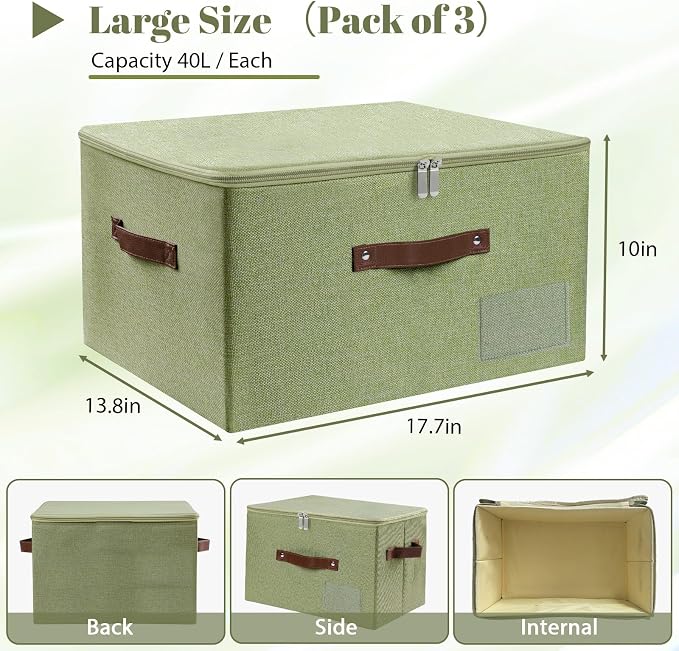 ANMINY Storage Box Fabric Bins with Zipper Lid, 17.7"x13.8"x10" Green, 3PCS | Keepsake Box, Decorative, Cotton Linen, Reinforced PP Board Frame, Washable, Stackable & Foldable, Label Holder & PU Handles
