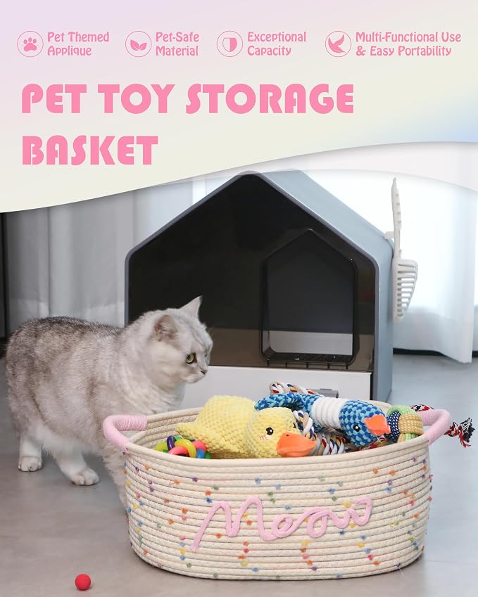 Sea Team Cat Toy Storage Basket with Handles, Rainbow Meow | Large Cotton Rope Storage Bin, Shelf Basket, Organizer for Pet Chew Toys, Foods, 16.5 x 11 x 7 Inches, 4.4 Gallons
