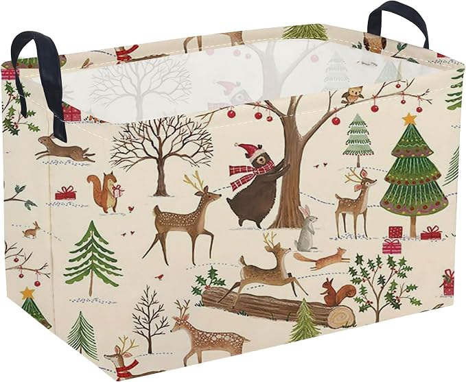 Sanjiaofeng Rectangular Christmas Basket Animal Storage Bins,Cute Storage Basket with Handles.Clothers,Books,Kid's Gifts Bins. (Animal Christmas)