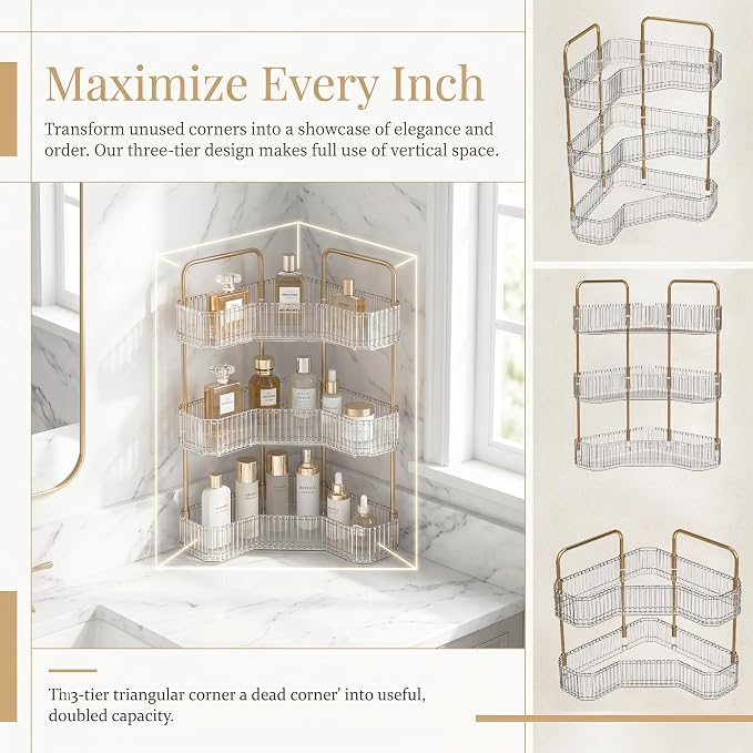 3-Tier Corner Bathroom Organizer, Skincare Vanity Counter Shelf Clear | Premium PET Perfume Display Stand with Gold Metal Rods, Space-Saving 90 Degree Storage Rack for Dresser