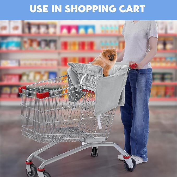 Soft Velvet Shopping Cart Cover for Dogs, Plush Pets Grocery Cart Cover with Safety Ropes, Portable and Easy-on Stretch Design for Shopping Carts with Carry Bag(Gray)
