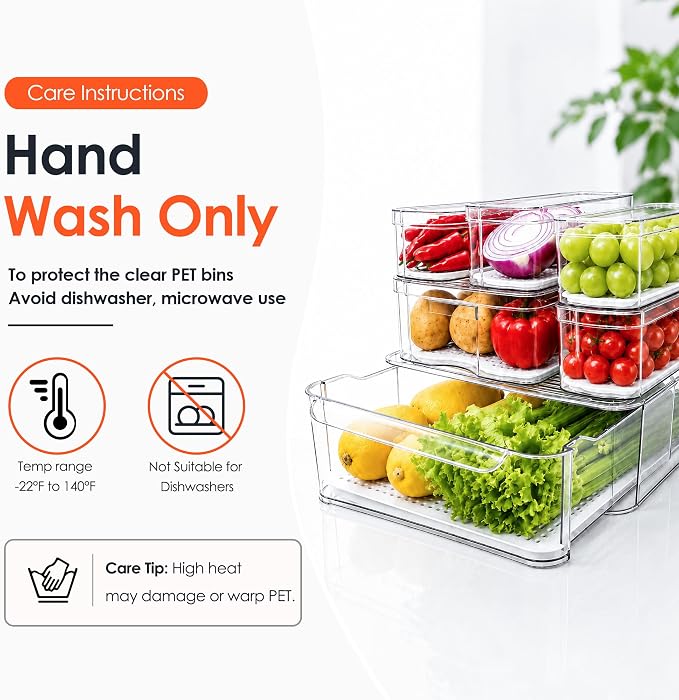 SMRCAD Clear Fridge Bins with Drain Trays - BPA-Free PET, Stackable(6 Pack) | 6 Pack: 1 Drawer + 5 lidded Bins, Helps Keep Produce Fresh, 16.3L Capacity, Hand Wash Only