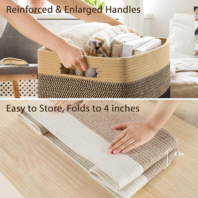 Optish 95L Large Woven Blanket Basket, Storage Basket with Handles | Sturdy Cotton Rope Basket Organizer Blanket, a lot of Toys, Comforter, Pillows, Bedroom, Living Room, Bathroom, Easy to Carry