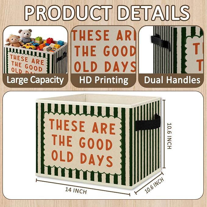Inspirational These Are Good Old Days Cube Storage Bins with Handles, Green Striped Motivational Collapsible Fabric Storage Basket Boxes Books Clothes Organizer for Bedroom Bathroom
