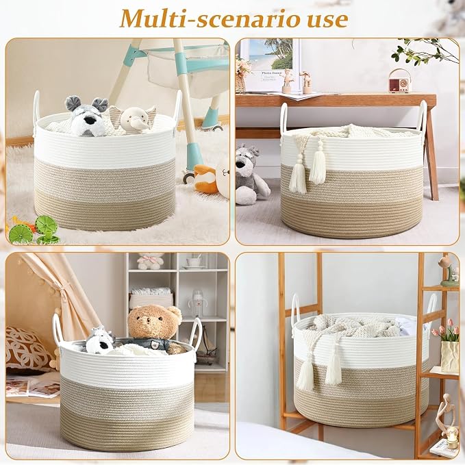 67L Large Woven Blanket Basket, Cotton Rope Baby Laundry Hamper with Handles, Kids Toy Basket for Classroom & Nursery, Soft Round Stuffed Animal Storage, Dog Toy Bin - 20"x13", Gradient Brown