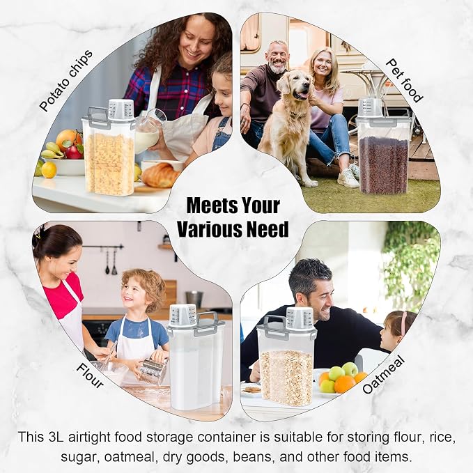 LEAWALK Airtight Rice Storage Container, 3-5Lbs Cereal Dry Food Flour Bin, Pet Dog Cat Food Dispenser with Measuring Cup, BPA Free Plastic Kitchen and Pantry Organization Bin for Sugar-Clear Grey
