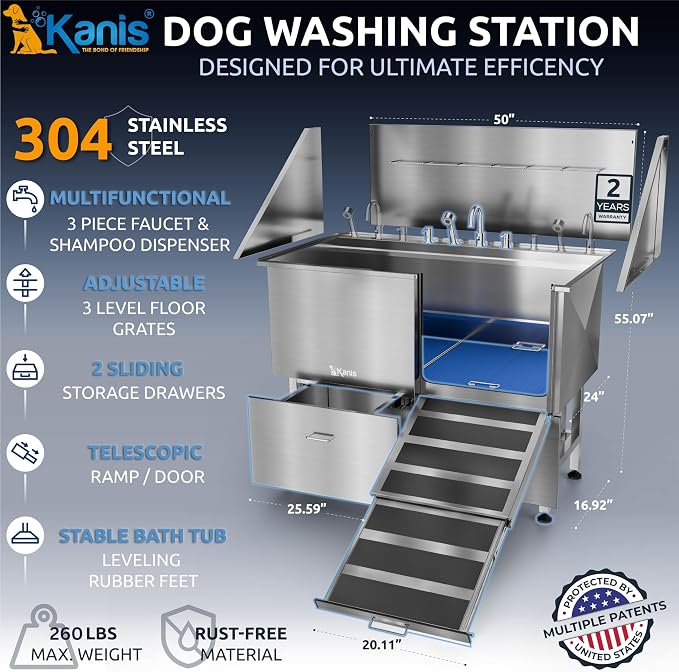 Professional Dog Washing Station 304 Stainless Steel Pet Wash Sink | Grooming Bathtub w/Shower, Floor Grates and Storage for Large, Medium & Small Pets