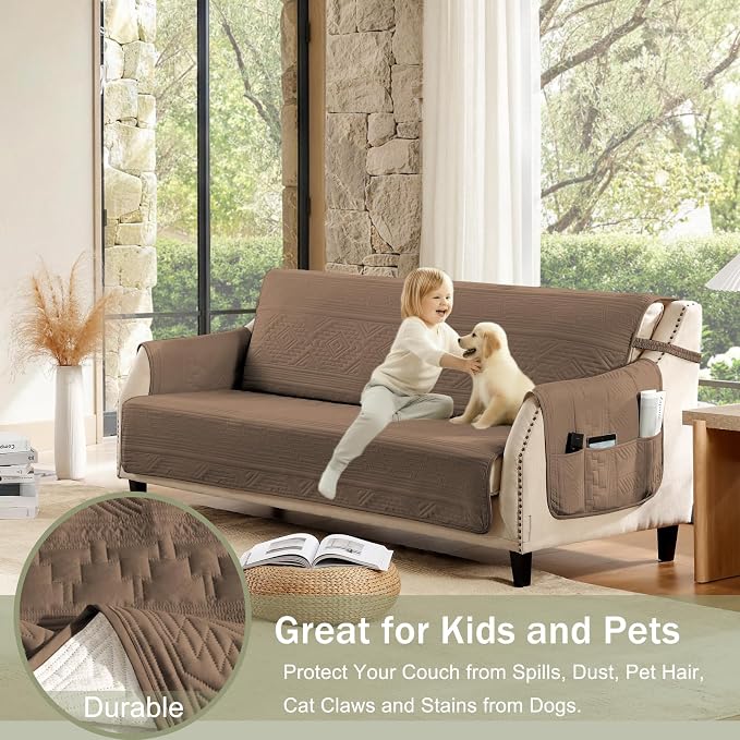 Boho Quilted Sofa Slipcovers with Pockets, Anti-Slip Aztec Couch Covers for 3 Cushion Sofa, Couch Cover for Dogs Cats Water-Repellent Machine Washable (Large Sofa 68", Raw Umber)