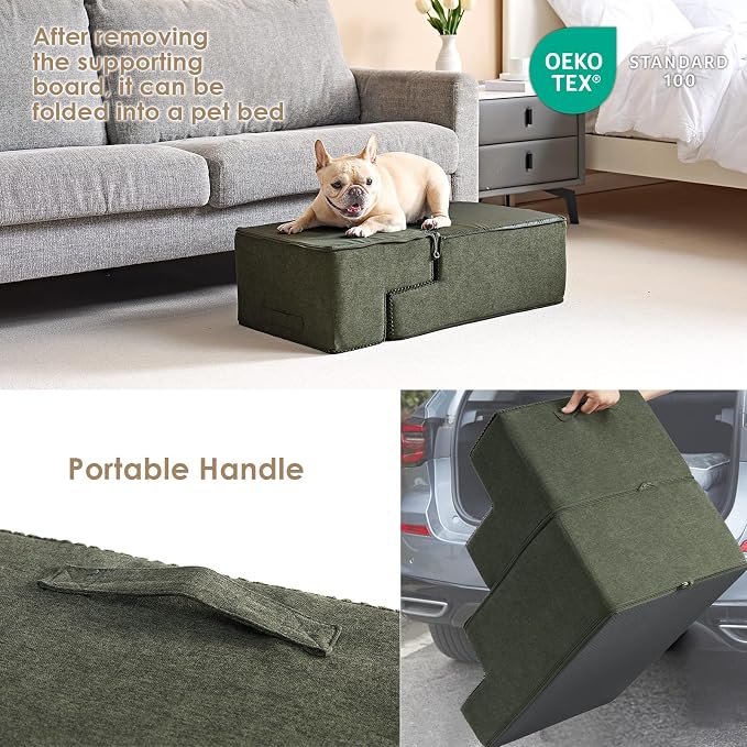 EHEYCIGA Dog Stairs for Bed 18" H, Dog 4-Steps for High Bed, Military Green | Pet Steps for Small Dogs and Cats, Non-Slip Balanced Pet Ramp Indoor