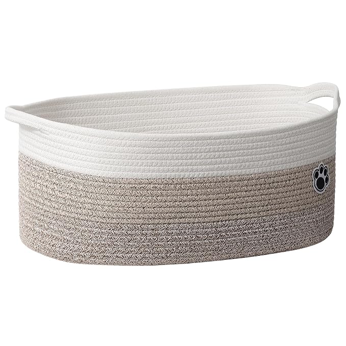 30L Large Woven Rope Dog Toy Basket with Paw Print, Mixed Brown | 19.7" x 11" x 7.9" Dog Toy Bin & Box with Handles, Storage Basket for Blankets Towels, Fits Living Room Nursery Bedroom