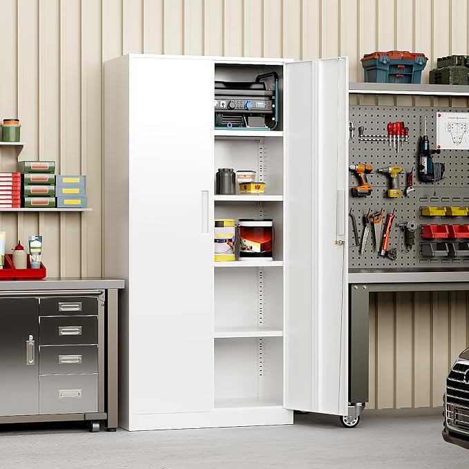 Greenvelly White Metal Storage Cabinet, 72" Locking Storage Cabinets with Doors and 4 Shelves, Tall Tool Storage Cabinet for Garage, Steel Lockable File Cabinet Metal Locker for Home Office, Classroom